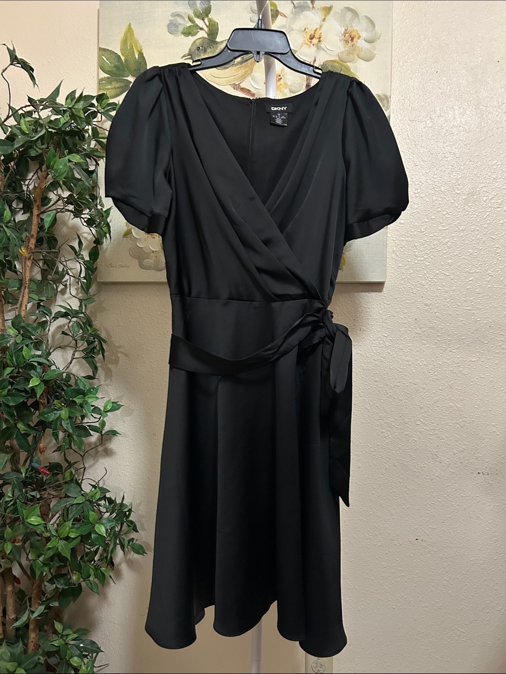 DKNY Black Midi Wrap Dress with Puff Sleeves